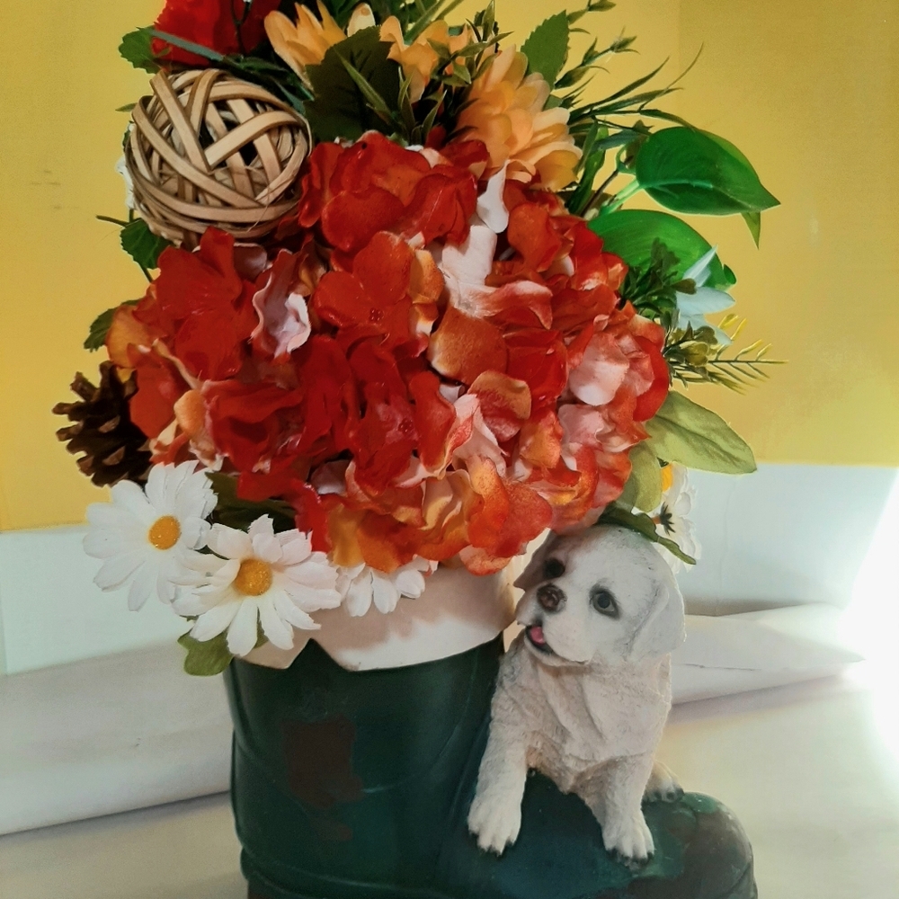 Faux Floral Arrangement in Boot Planter with Puppy
